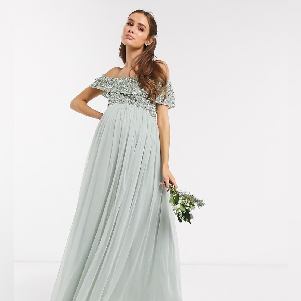 ASOS Maya Maternity bardot maxi tulle dress witH sequins in sage green, size 12